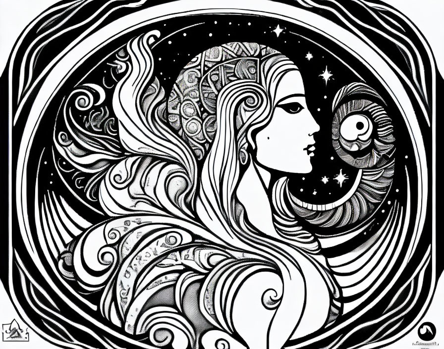 Monochromatic woman's profile with cosmic elements