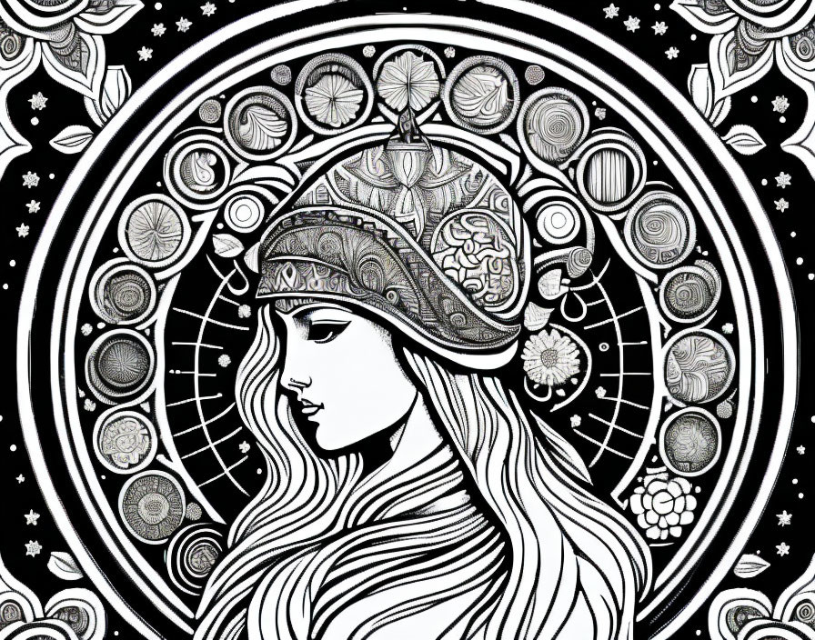 Monochrome illustration of woman with celestial headgear on dark background