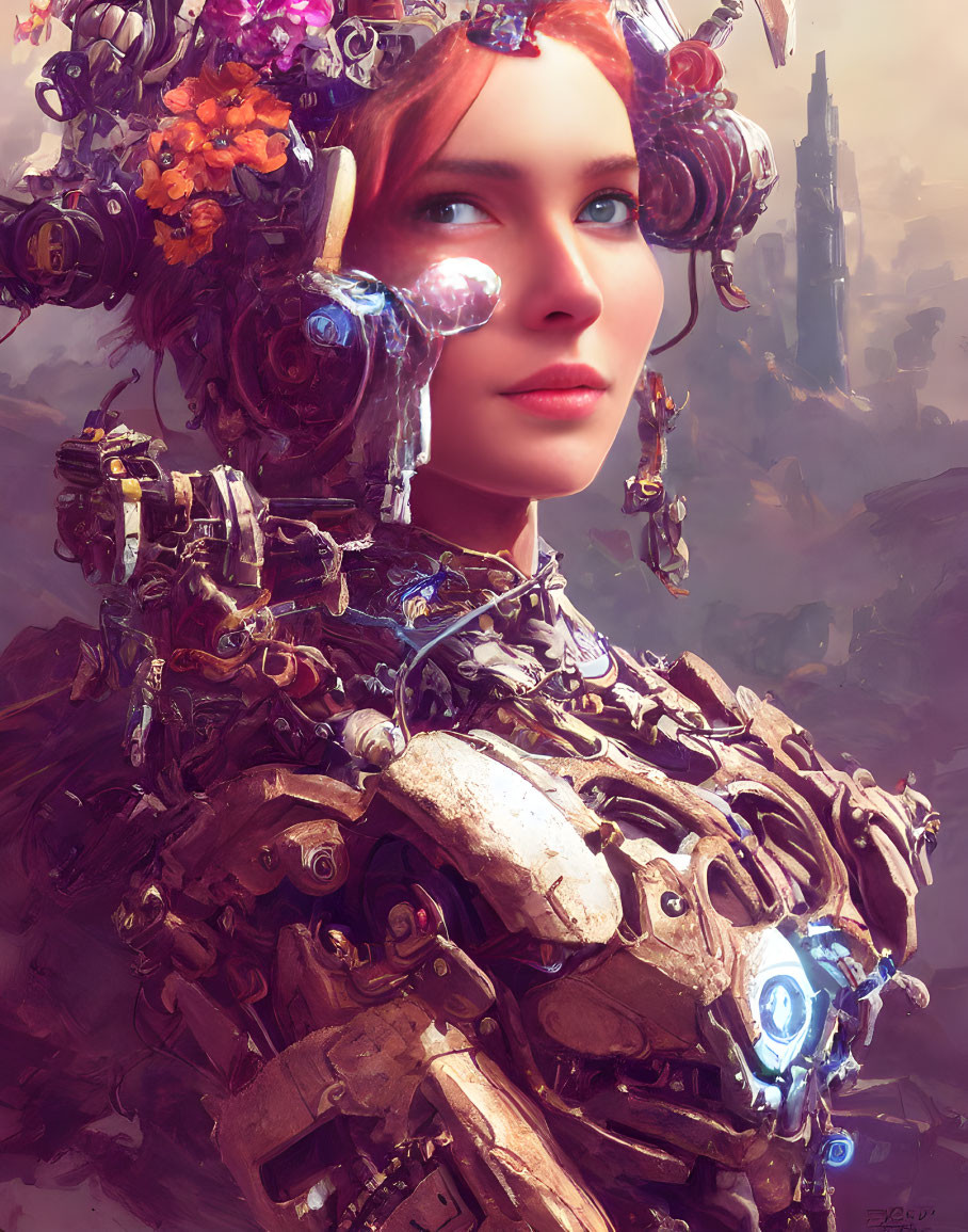 Digital artwork featuring female figure with floral and mechanical headdress and robotic torso.