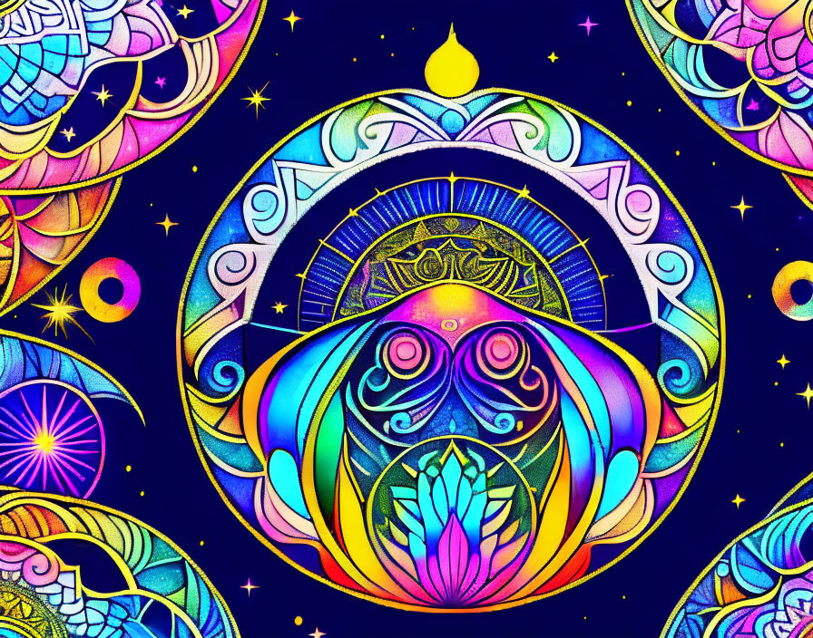 Colorful Psychedelic Illustration with Neon Colors and Celestial Symbols