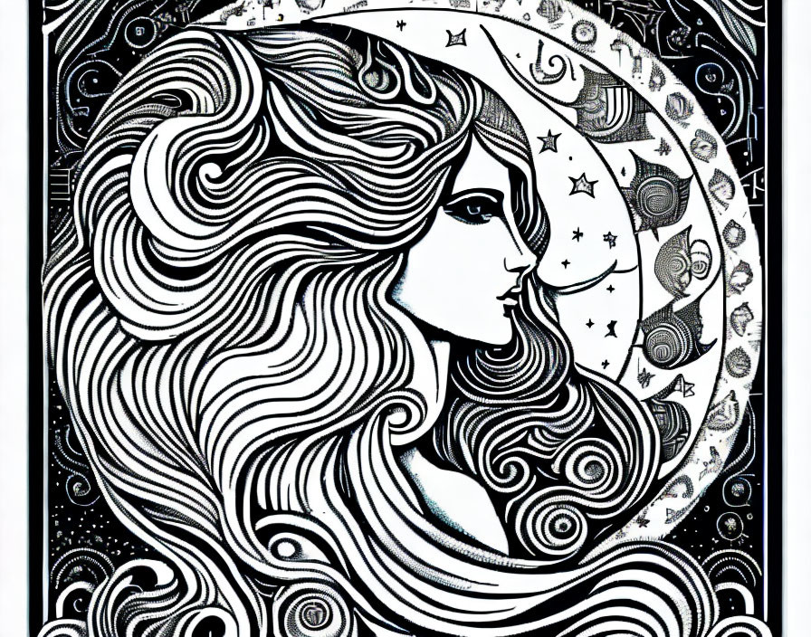 Stylized monochrome woman profile with celestial motifs