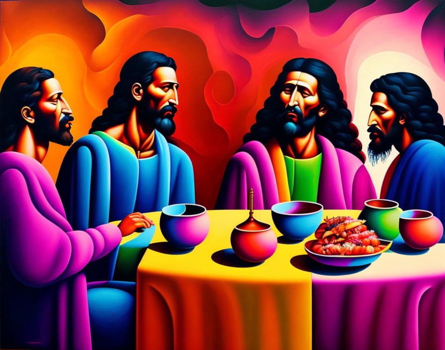 Vibrant painting of four bearded figures in historical robes at a table