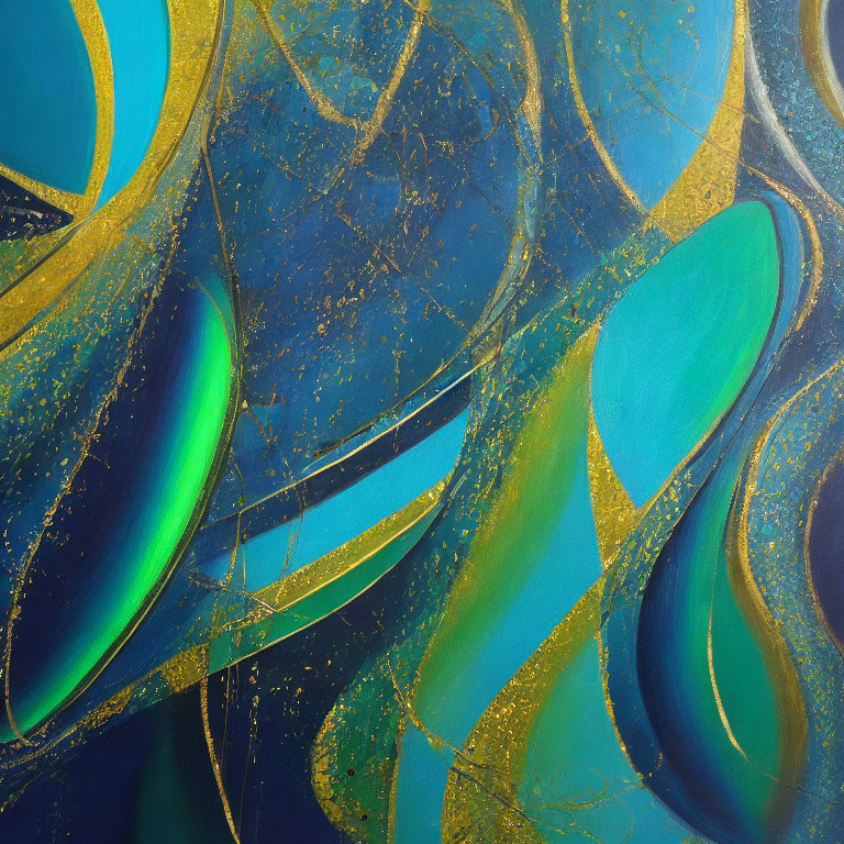 Blue and Green Abstract Art with Gold Streaks on Canvas