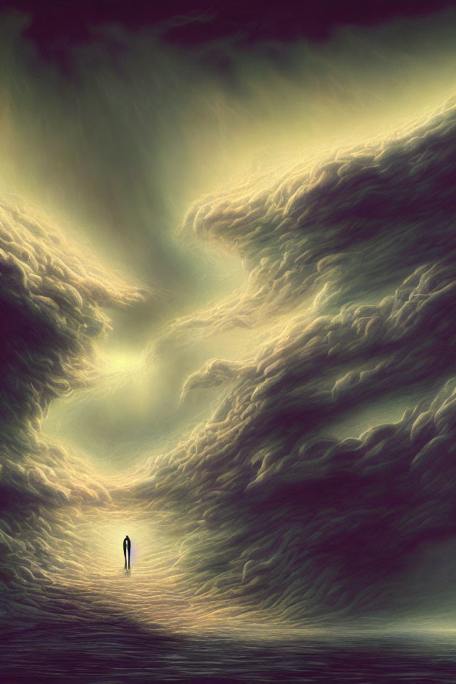 Silhouette standing under swirling sky with wave-like clouds