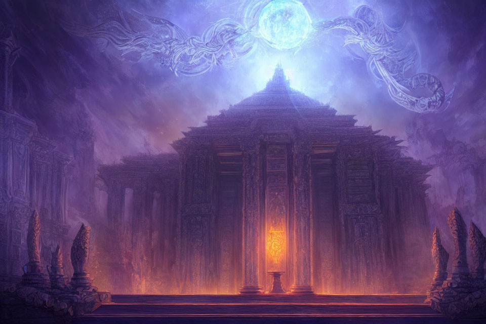 Ethereal Fantasy Temple in Purple and Blue Hues with Glowing Object