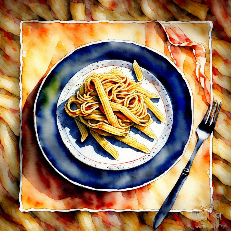 Watercolor painting: spaghetti plate with fork on textured orange background