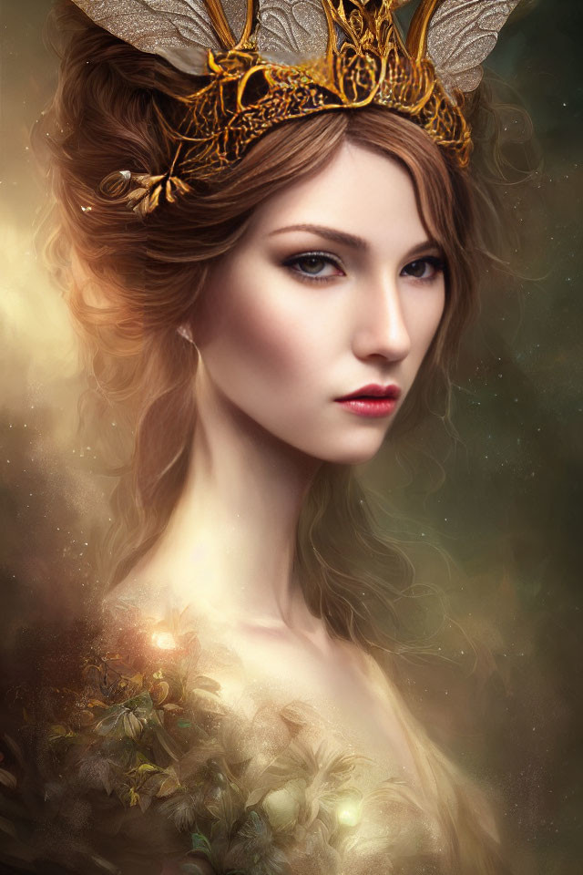 Ethereal beauty in digital portrait with golden crown and captivating eyes