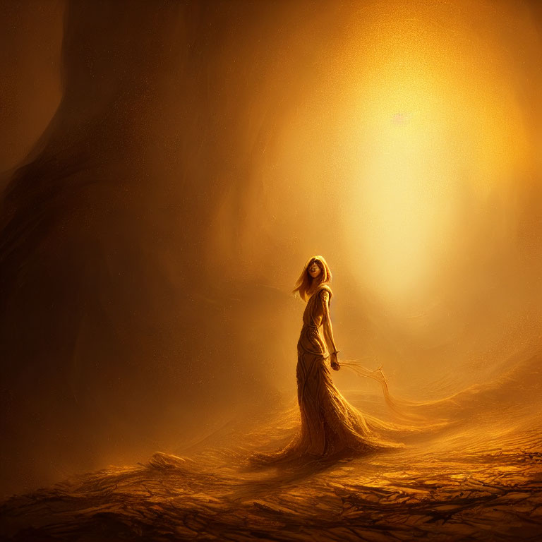 Figure in flowing gown in golden desert landscape with radiant light