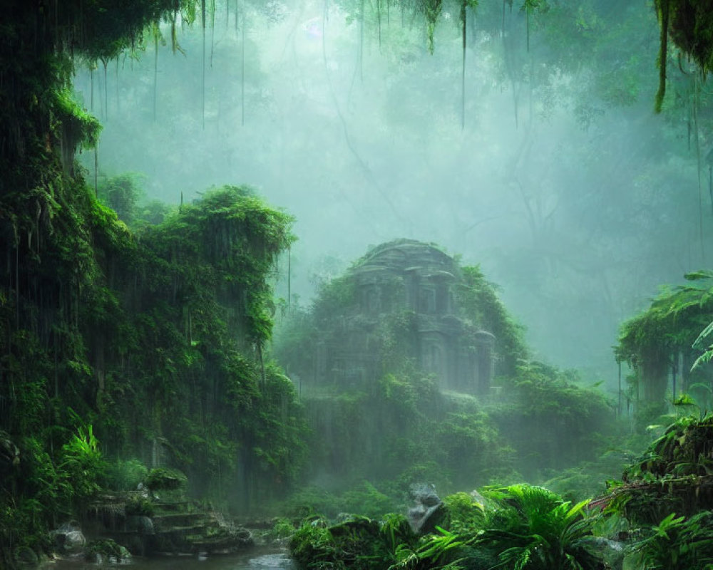 Overgrown ancient temple in misty green jungle