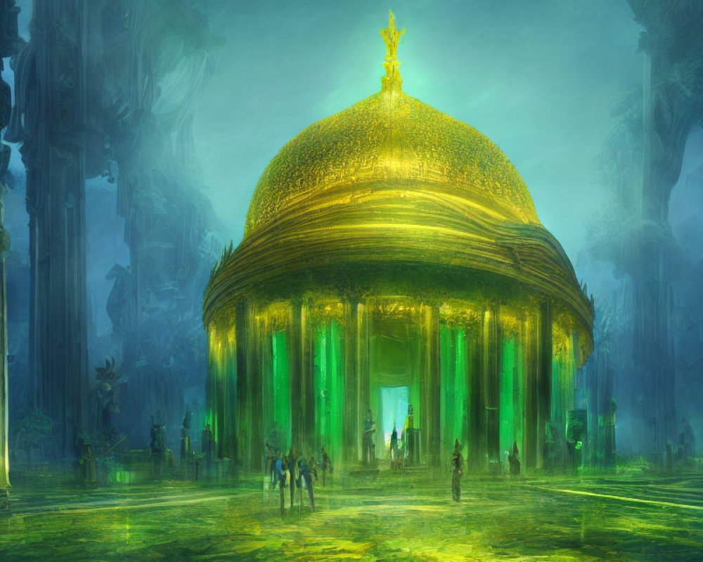 Golden dome with spire, green light, columns, and silhouettes in fantastical setting