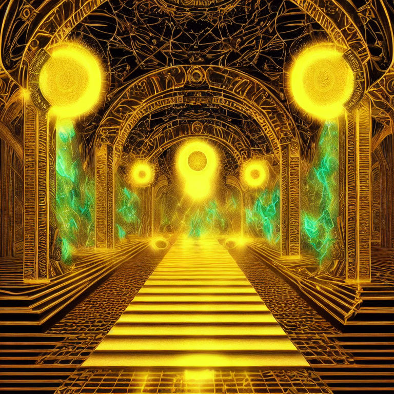 Digital art: Ornate golden hallway with glowing orbs and blue flame-like structures