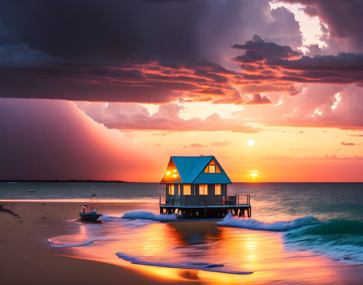 Vibrant ocean sunset with house on stilts and dramatic cloudy sky