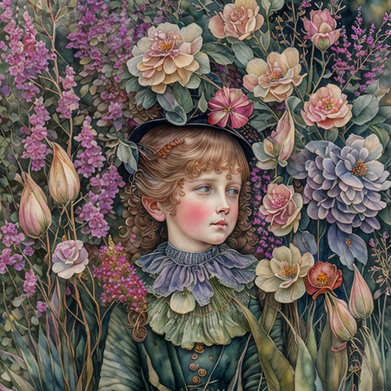 Victorian-style outfit child surrounded by pastel flowers