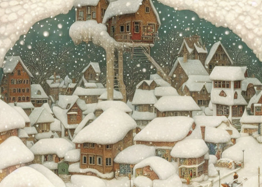 Snow-covered Winter Village Scene with Smoke and Snowfall