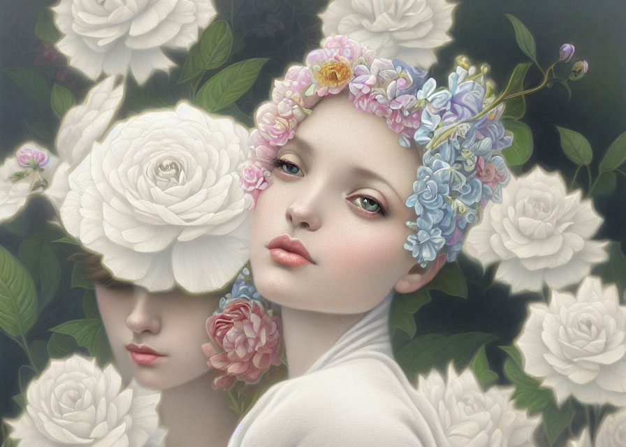 Ethereal illustration of two faces with white roses and floral crown