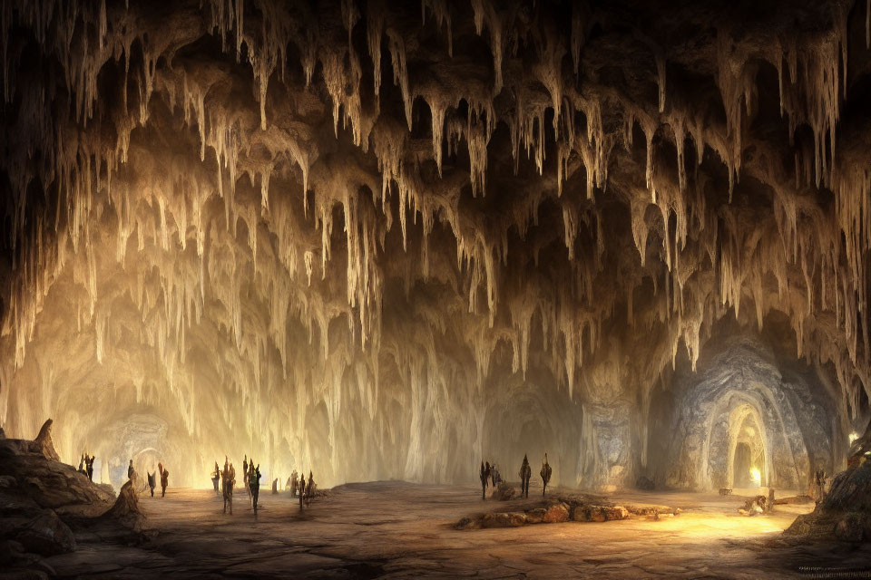 Explorers in illuminated cavern with stalactites