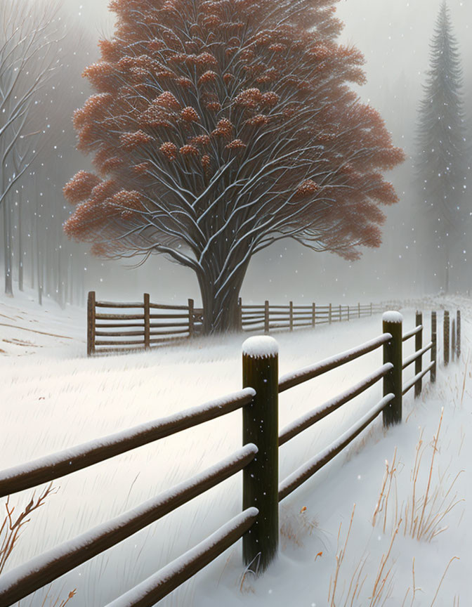 Serene winter landscape with red-leaved tree, wooden fence, and falling snow