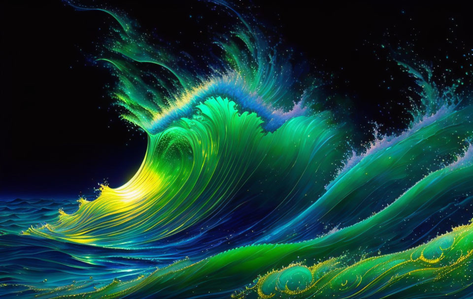 Vibrant digital art: Luminous green wave on starry backdrop