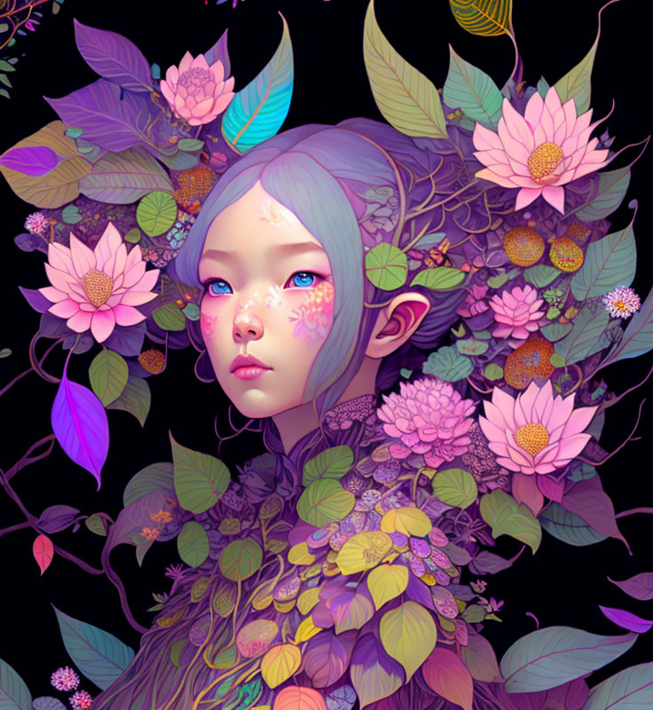 Colorful Purple Hair Person Surrounded by Vibrant Flowers