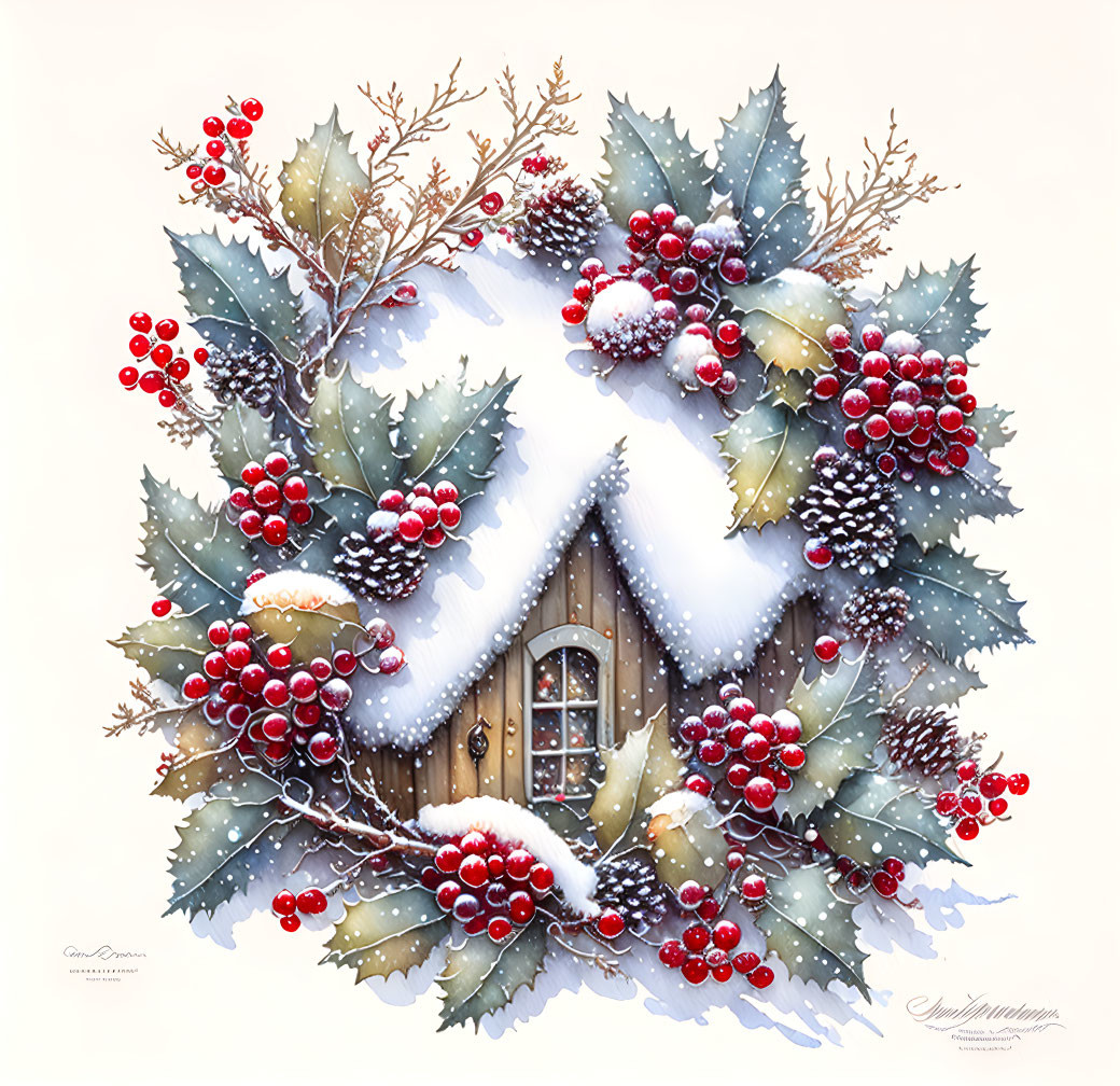 Snow-covered wooden door adorned with festive holiday wreath, holly berries, pine cones, and icy