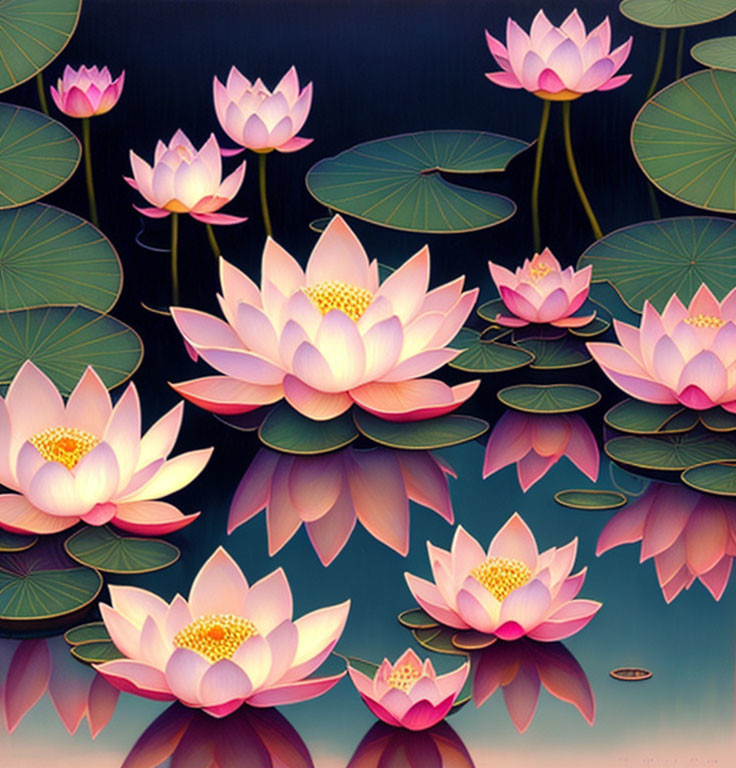 Tranquil illustration of pink lotus flowers on water surface