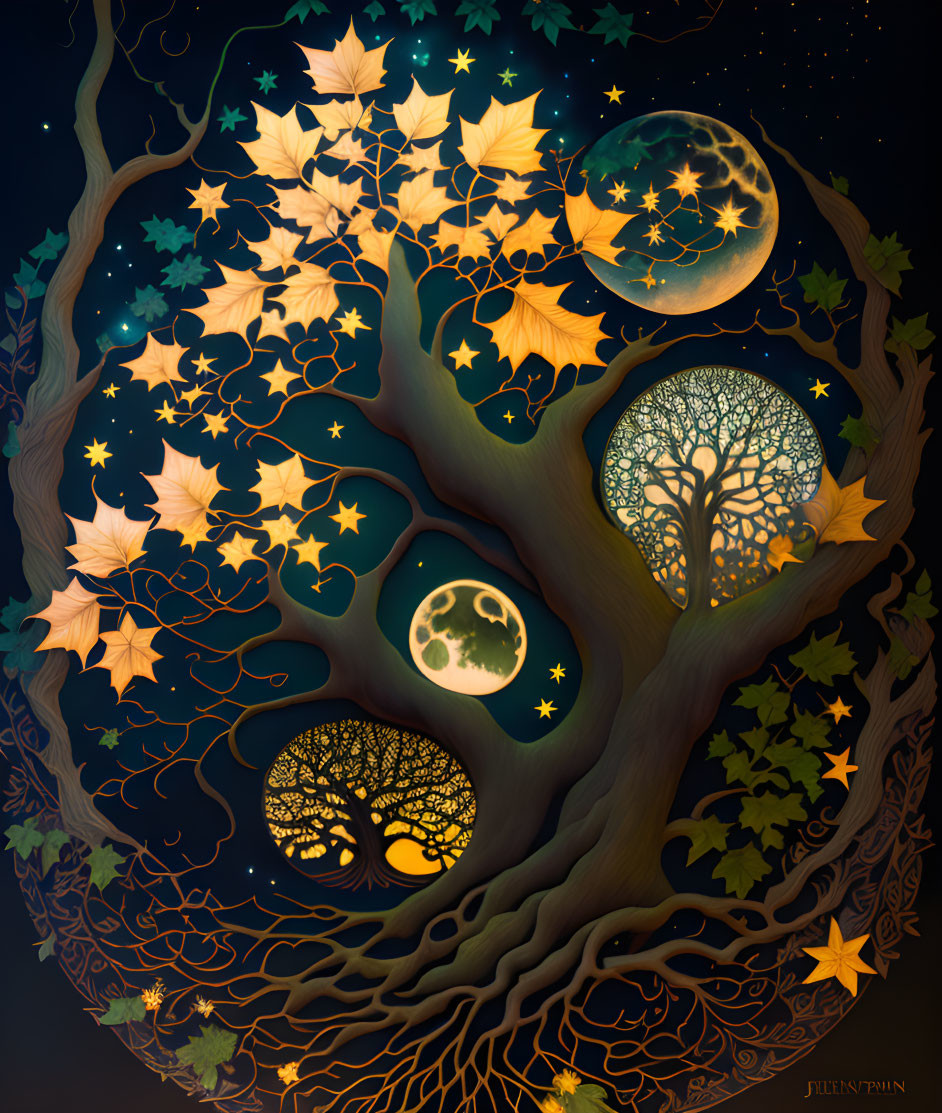 Celestial-themed tree illustration with stars and moons on dark background