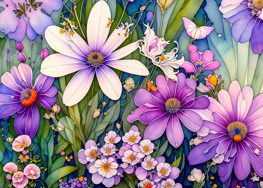 Assorted purple flowers and butterflies on whimsical blue background