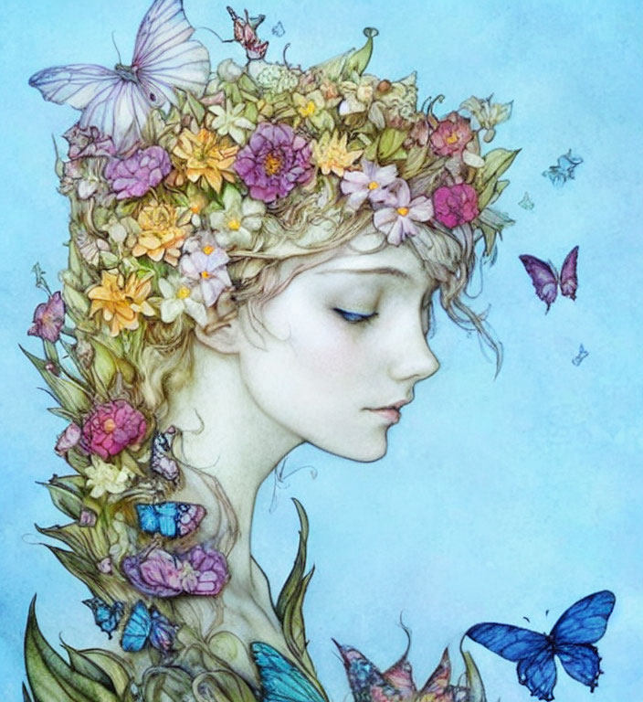 Illustration of serene woman with flower wreath and butterflies on pale blue background