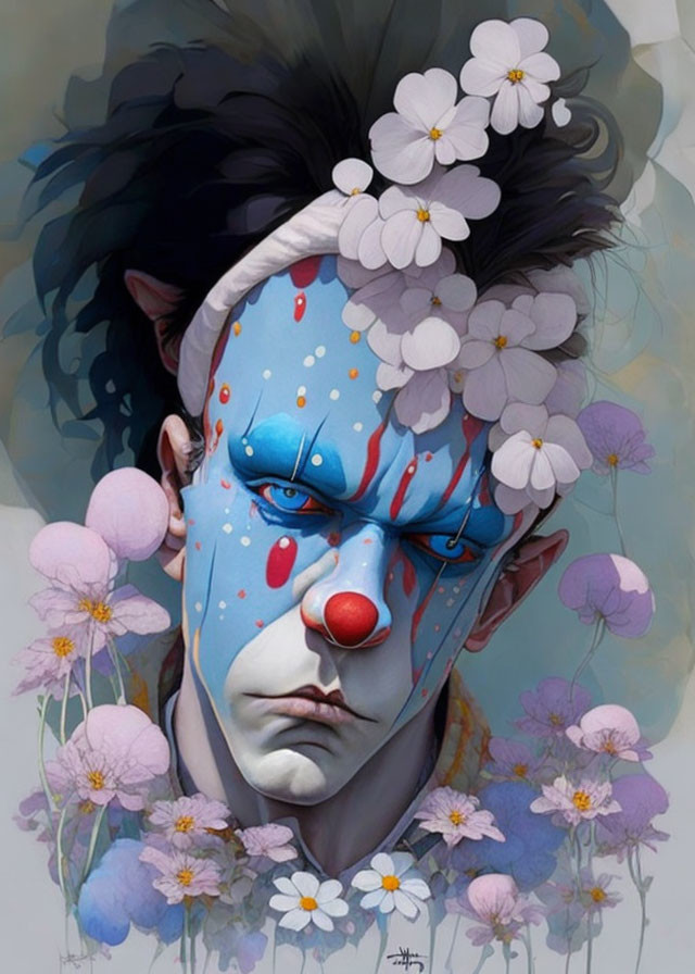 Solemn-faced clown with blue face paint among white and pink flowers