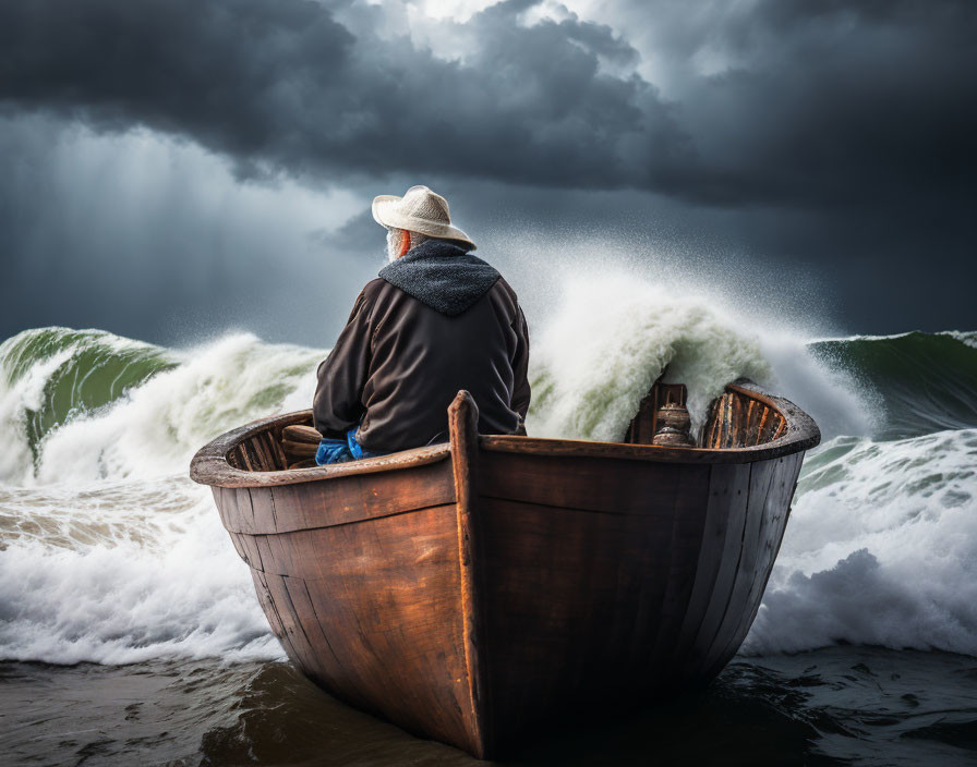 Person in wide-brimmed hat in wooden boat facing turbulent waves under stormy sky