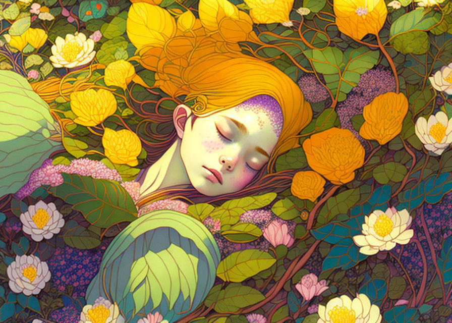 Peaceful illustration of young person with orange hair asleep in nature