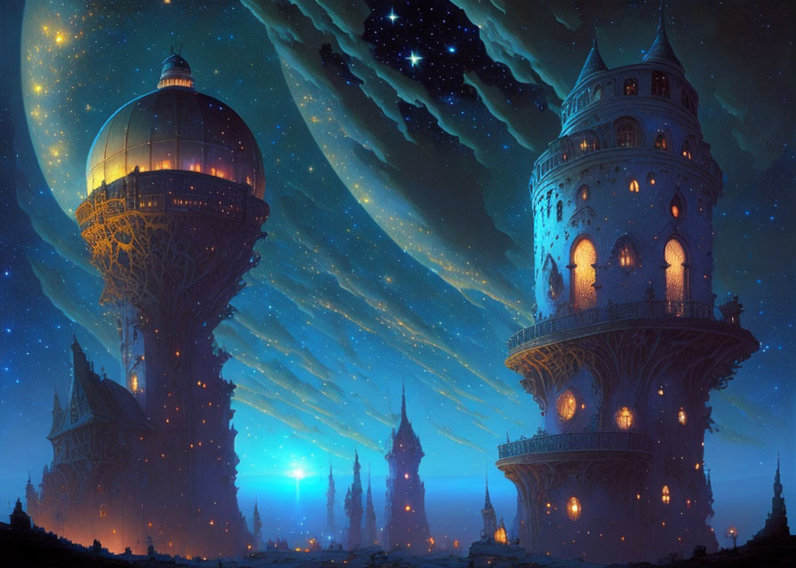 Fantasy landscape with two towering illuminated castles under a starry night sky