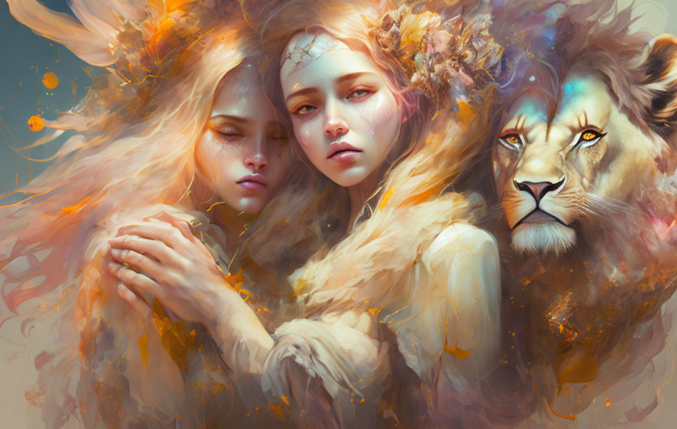 Ethereal women, lion in golden hues - mystical digital art