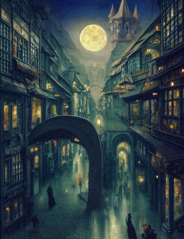 Moonlit cobblestone street in whimsical old-town setting with pedestrians, arched bridge, and