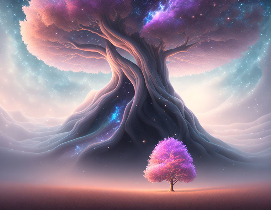 Majestic large tree with cosmic canopy beside smaller tree in dreamy twilight landscape