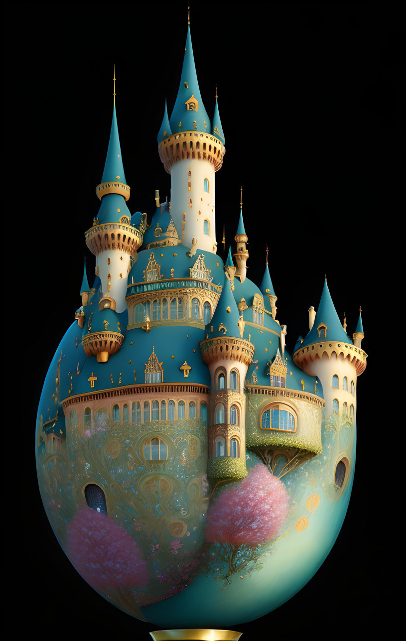 Fantastical spherical castle with blue towers and golden accents