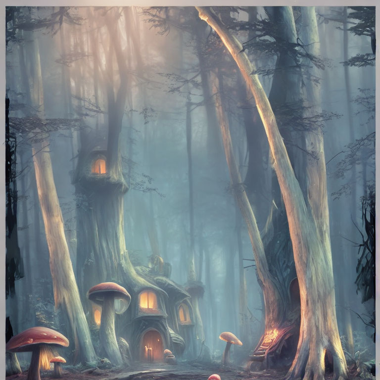 Enchanted forest with towering trees, whimsical houses, and giant mushrooms