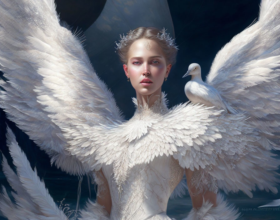 Digital artwork: Woman with white angel wings and dove, delicate feathers, serene expression, dark background