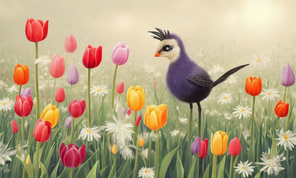 Whimsical bird surrounded by colorful flowers in dreamy meadow