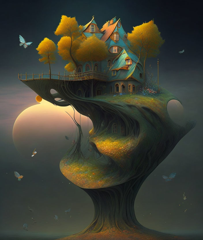 Illustration of house on ancient tree with butterflies under twilight sky