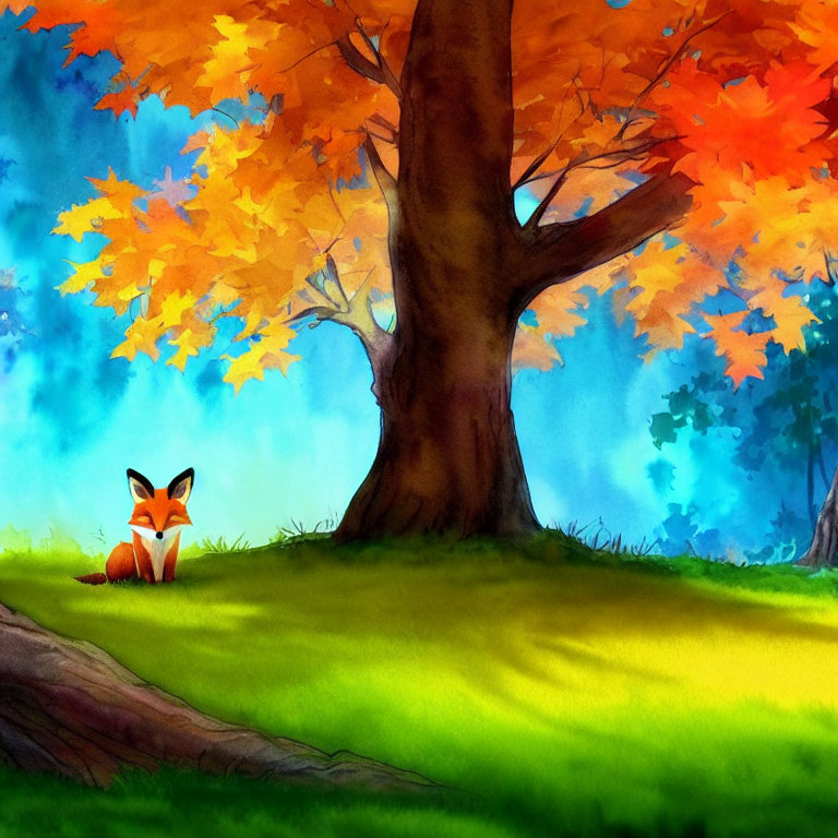 Colorful Illustration: Cute fox under vibrant tree in lush forest