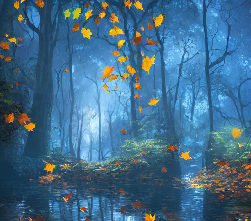 Tranquil misty forest with autumn leaves on calm water