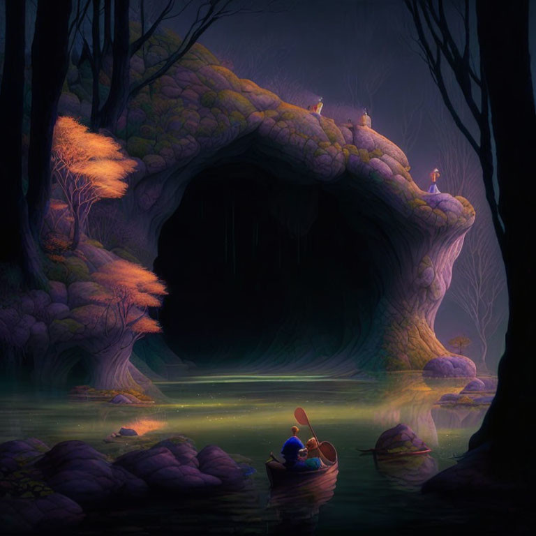 Tranquil scene: Two figures in boat entering glowing cave with nature and animals at dusk