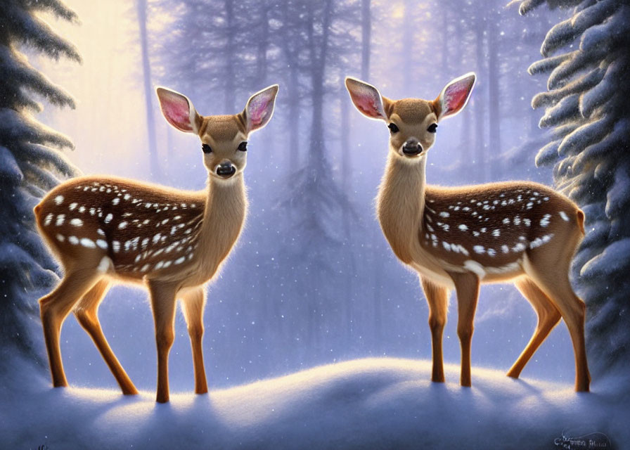 Spotted fawns in snowy forest with falling snowflakes