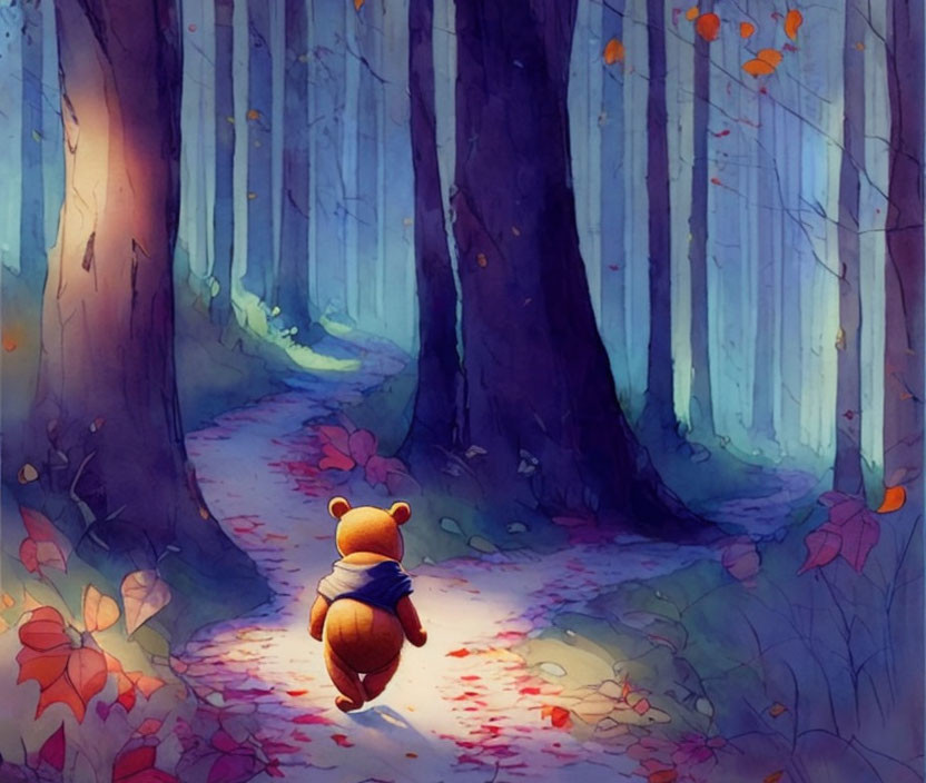 Illustrated bear walking in colorful enchanted forest