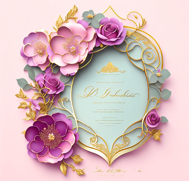 Pastel Pink Invitation Card with 3D Gold Accents & Paper Flowers