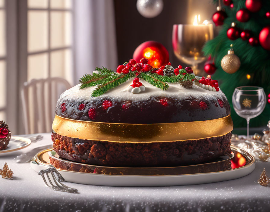 Festive Christmas pudding with holly and powdered sugar