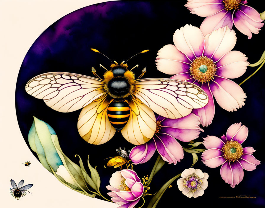Detailed honeybee illustration with delicate wings in pink and white blooms on dark purple backdrop