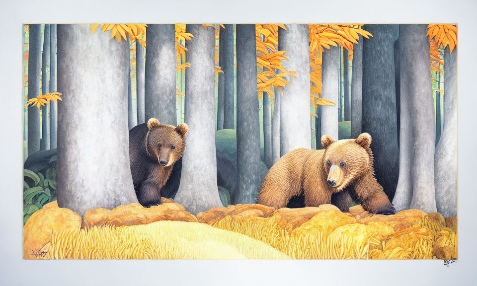 Two Brown Bears in Forest Setting with Yellow Foliage