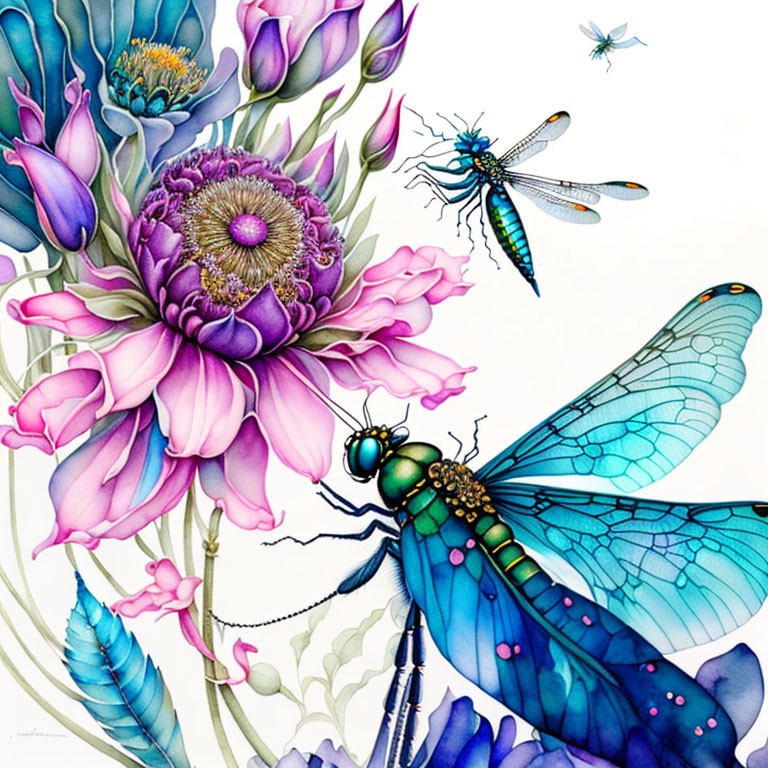 Detailed Illustration of Vibrant Flowers and Dragonflies